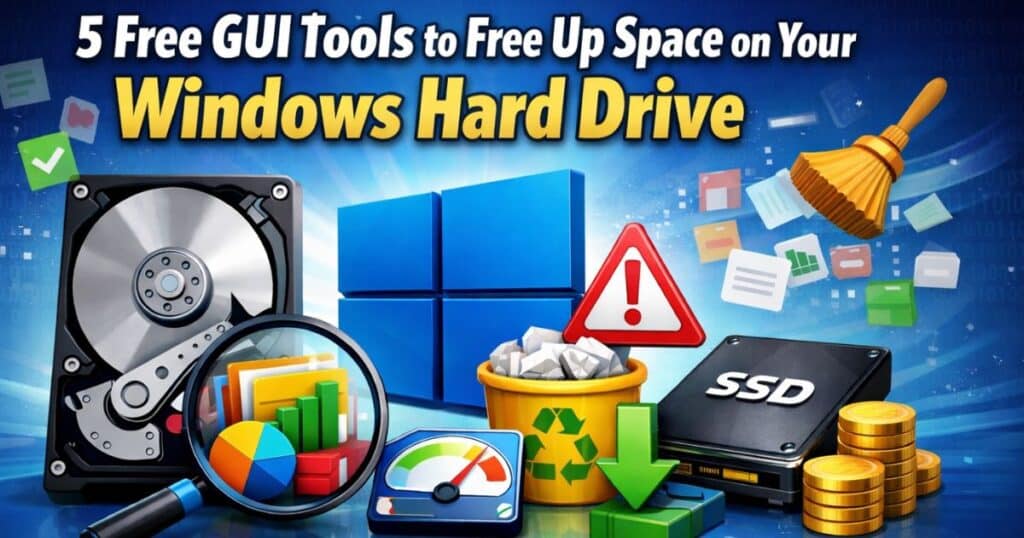 5 free GUI tools to free up space on your Windows hard drive featuring Windows logo, disk cleanup icons, SSD drive, recycle bin, and system optimization graphics