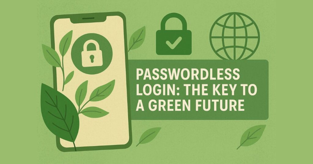 A smartphone with a padlock icon is surrounded by green leaves, alongside eco-friendly symbols of a lock with a checkmark and a globe. Bold white text reads: 'Passwordless Login: The Key to a Green Future,' set against a green background.