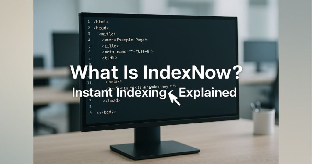 Computer monitor showing HTML code with arrow pointing to an IndexNow file, text overlay reading “Instant Indexing Setup” in bold white Arial font, modern office background.