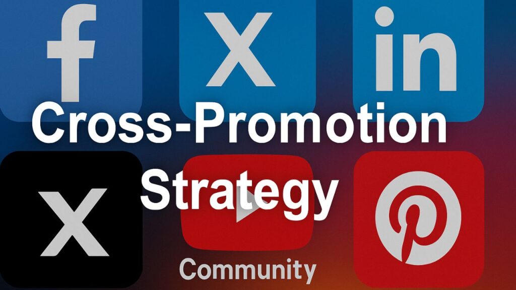 Collage of Facebook, X, LinkedIn, YouTube, Reddit, Pinterest, and Instagram icons with centered text “Cross-Promotion Strategy