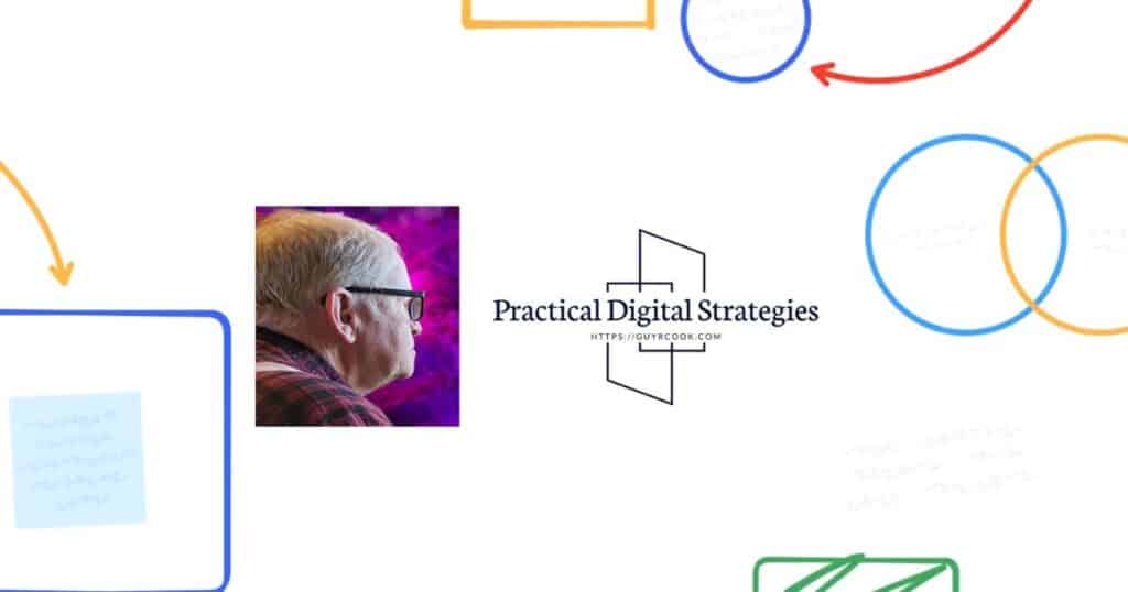 Profile photo of Guy Cook in glasses facing right, set against a purple background, beside the logo for “Practical Digital Strategies” with the website URL https://guyrcook.com , surrounded by minimalist colored line illustrations of arrows, circles, and rectangles on a white background.