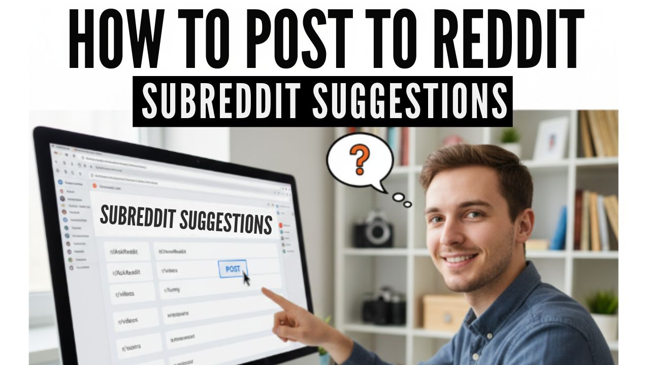 Step-by-step guide graphic showing how to post to a Reddit subreddit with icons for navigation, post creation, and selecting post types.