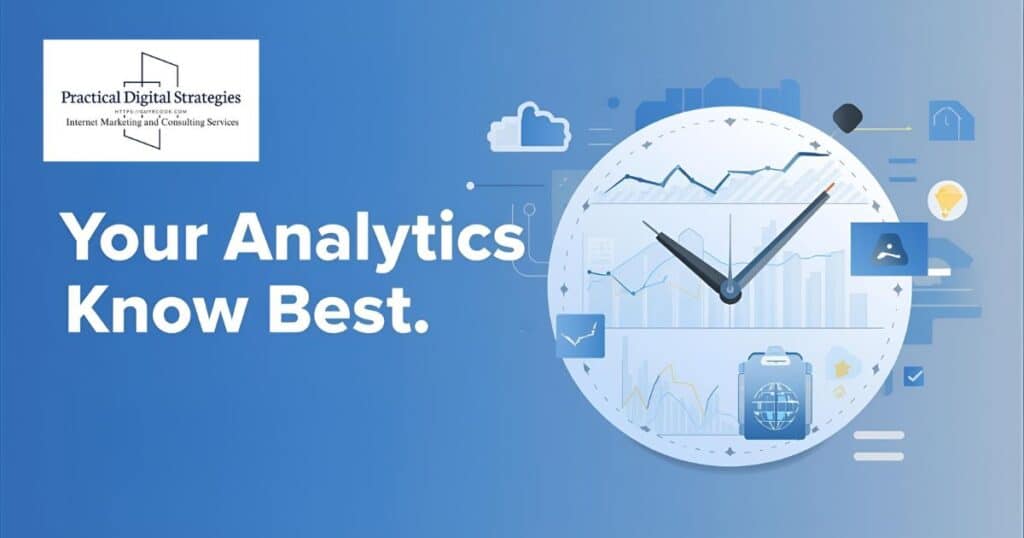 Illustration showing clocks, social media icons, and analytics charts representing data-driven social media posting times.
