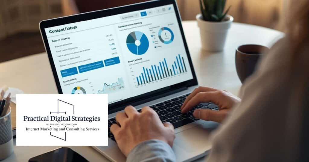 A laptop displaying analytics charts with content strategy notes beside it, symbolizing creating user-intent-aligned content that stays ahead of Google updates.