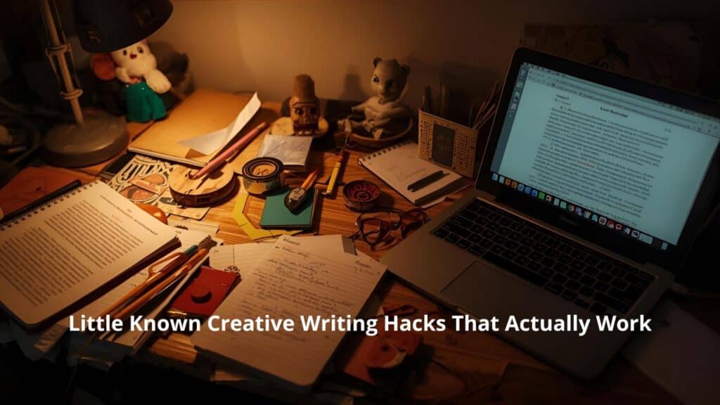 A desk scattered with notebooks, quirky objects, and an open laptop showing a half written story. Warm lighting. Creative, slightly messy, inviting vibe.