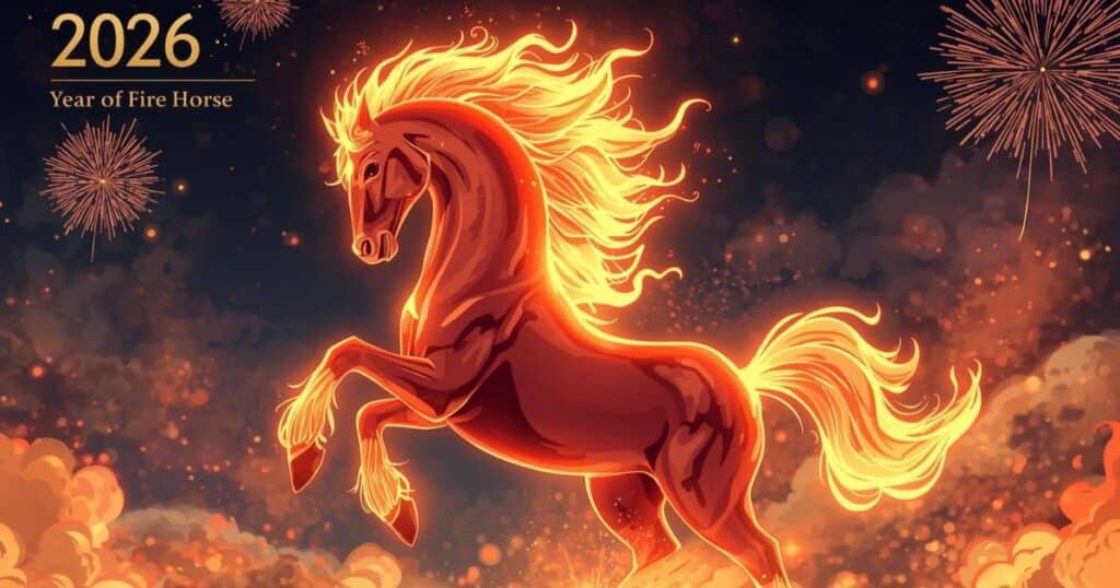 Illustration of a fiery red horse symbolizing the 2026 Fire Horse zodiac year