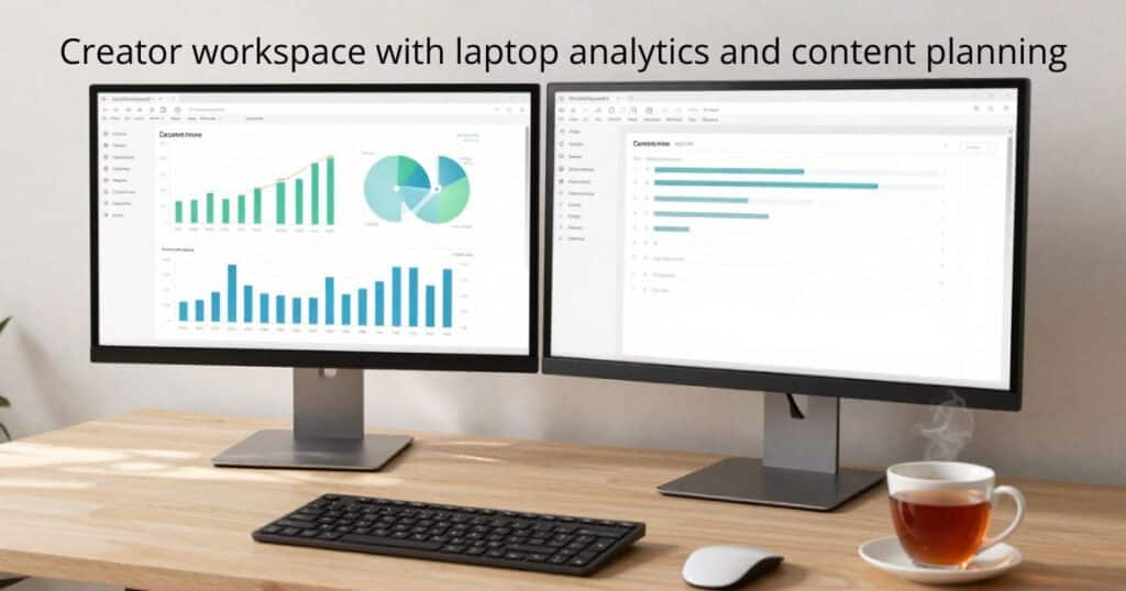 Creator workspace with analytics charts and content planning notes.