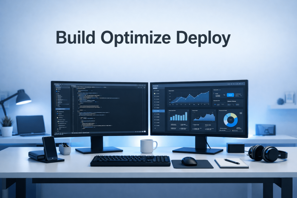 Bold tech-themed graphic showing action verbs like build, optimize, deploy in a clean modern layout