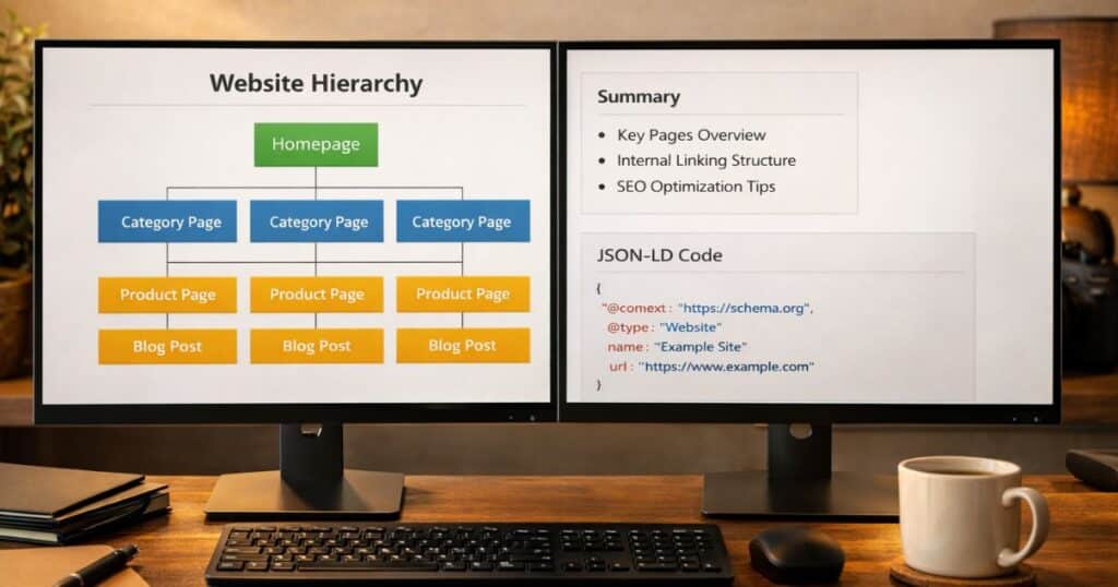 Photographic workspace scene with dual Monitors displaying a clean website hierarchy diagram, summary box layout, JSON LD structured data code snippet, subtle US Route 6 shield in background, warm natural lighting, modern desk environment