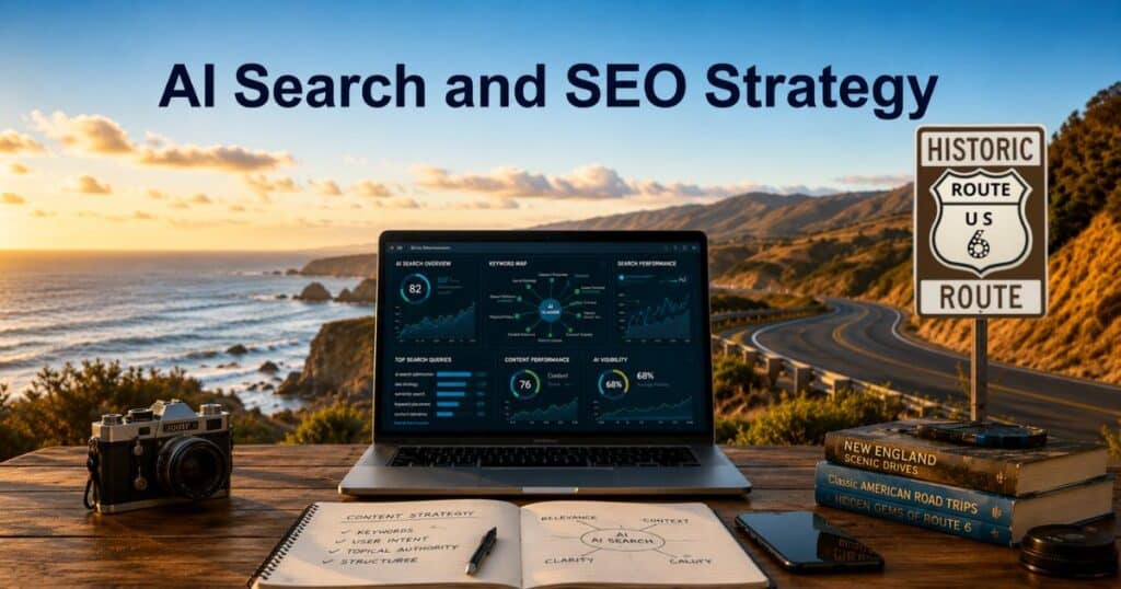 AI search dashboard with SEO analytics on computer screen