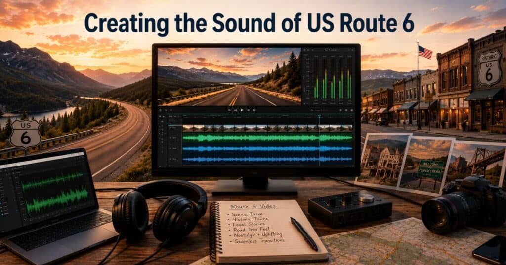 Video editing desk with US Route 6 travel footage and audio waveforms on screen