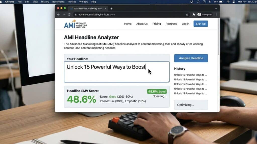 Content creator analyzing headline performance using the AMI Headline Analyzer tool.