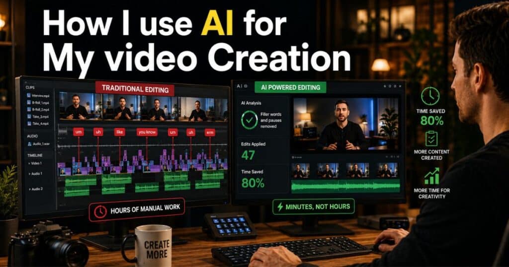Content creator using AI powered video editing software to streamline video production and reduce editing time by 80 percent.