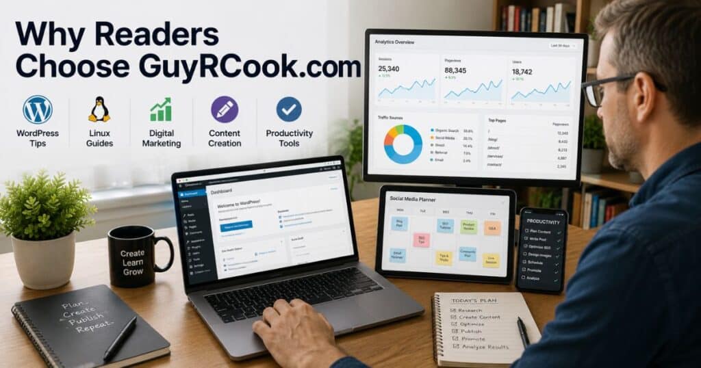 Content creator using technology tools to improve websites and productivity
