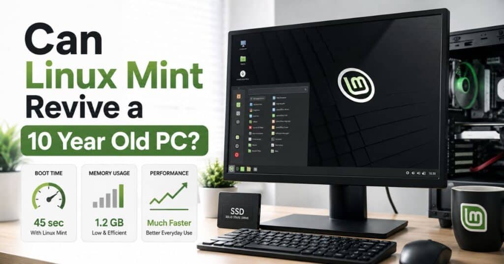 Linux Mint desktop running on a refurbished 10 year old PC.