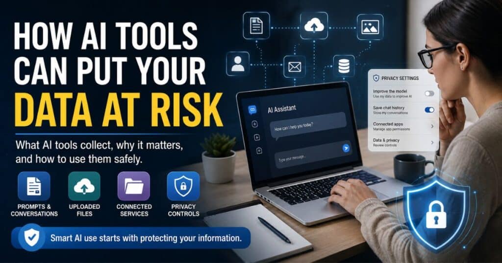 Person reviewing AI data privacy and security settings on a laptop.
