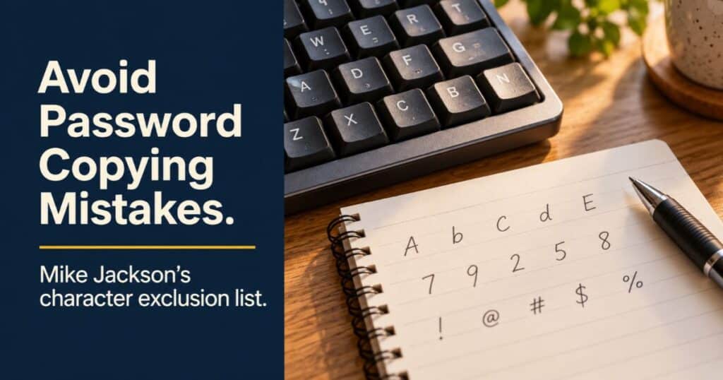 Keyboard and handwritten note illustrating how similar characters can cause password copying errors.